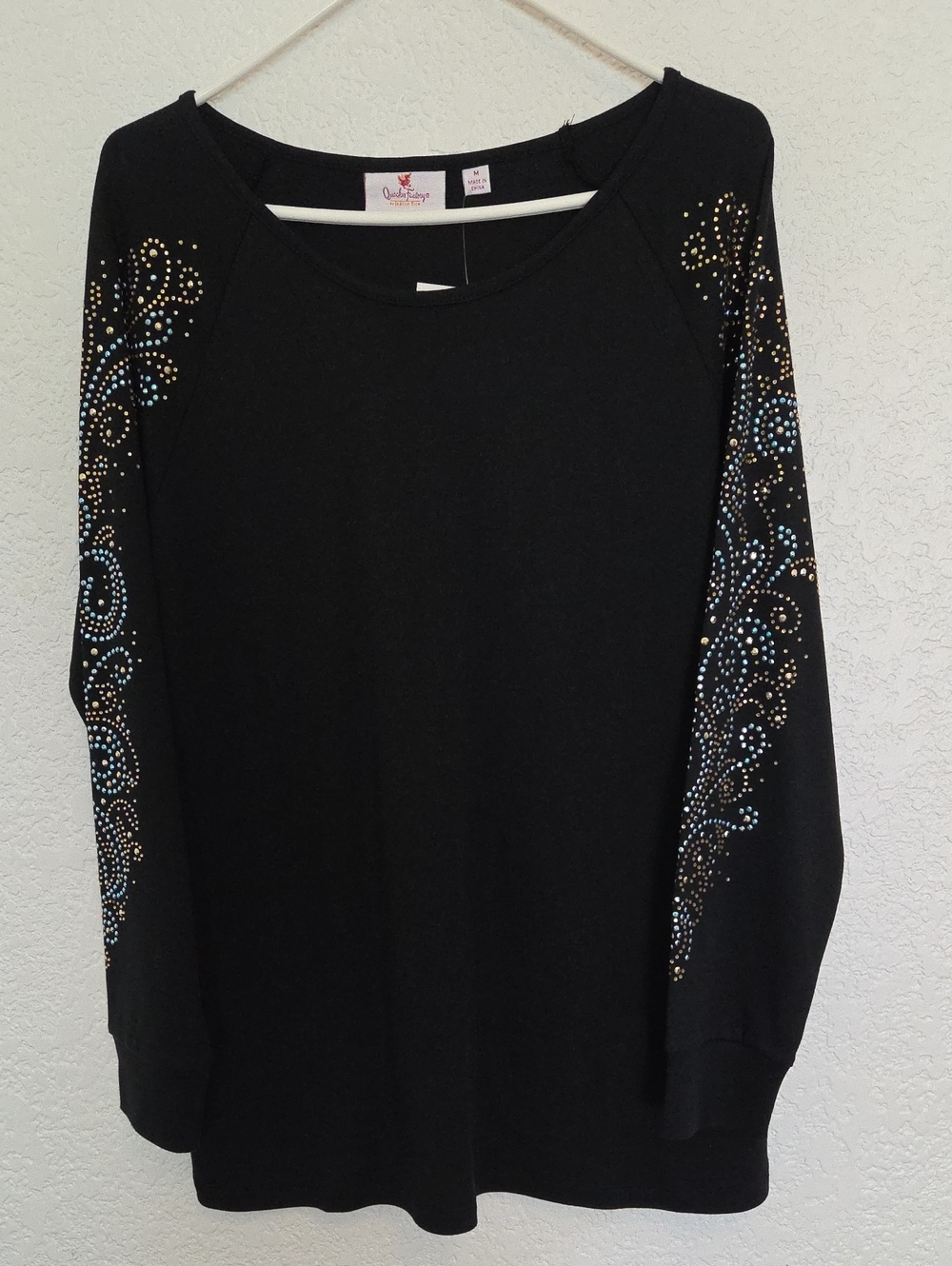 NWT Quacker Factory Black Tunic Top W/Rhinestones & Studs, Size M